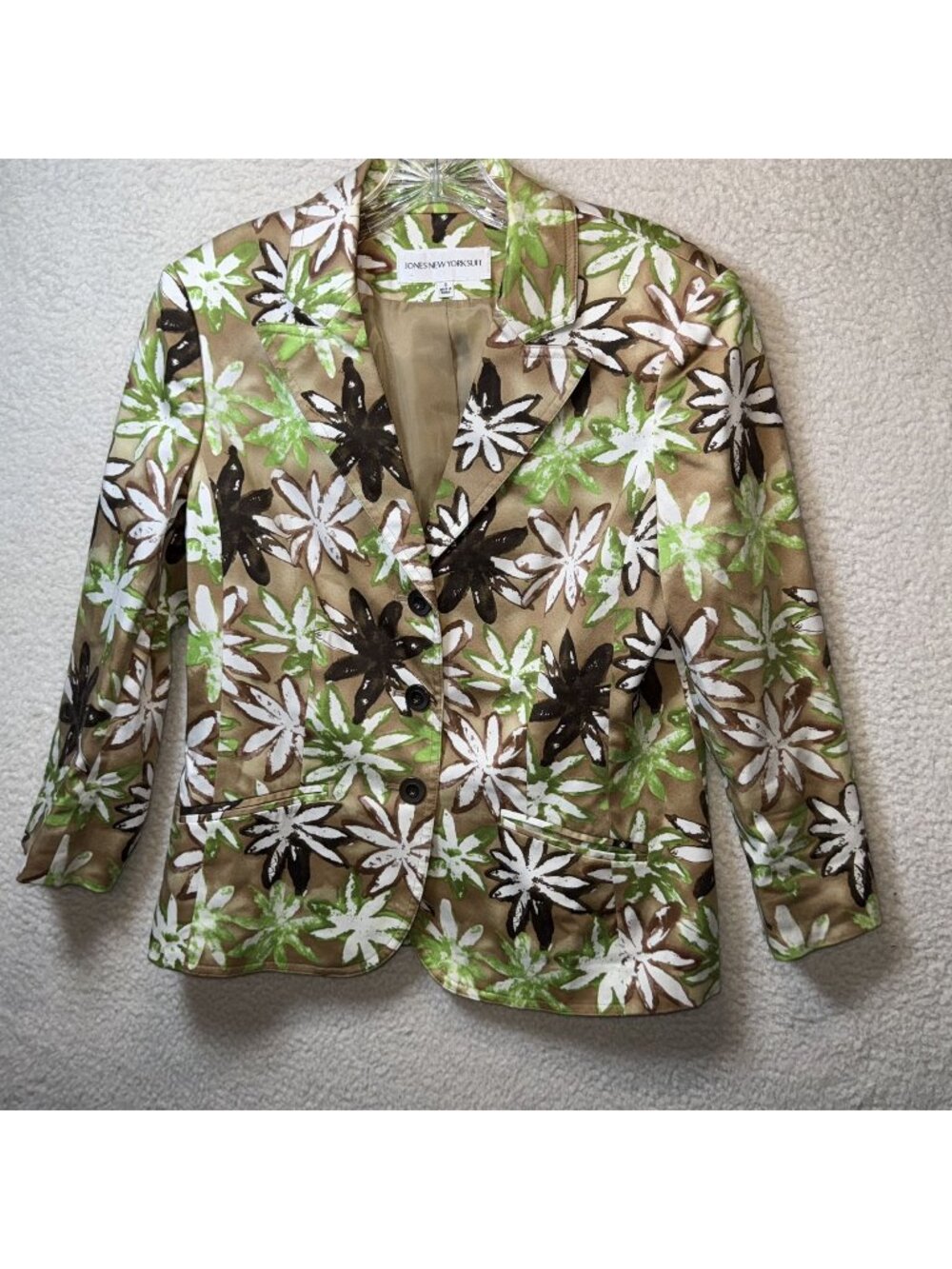 Jones New York Womens Floral Blazer Jacket Size 8 Green Brown Line Button-Up